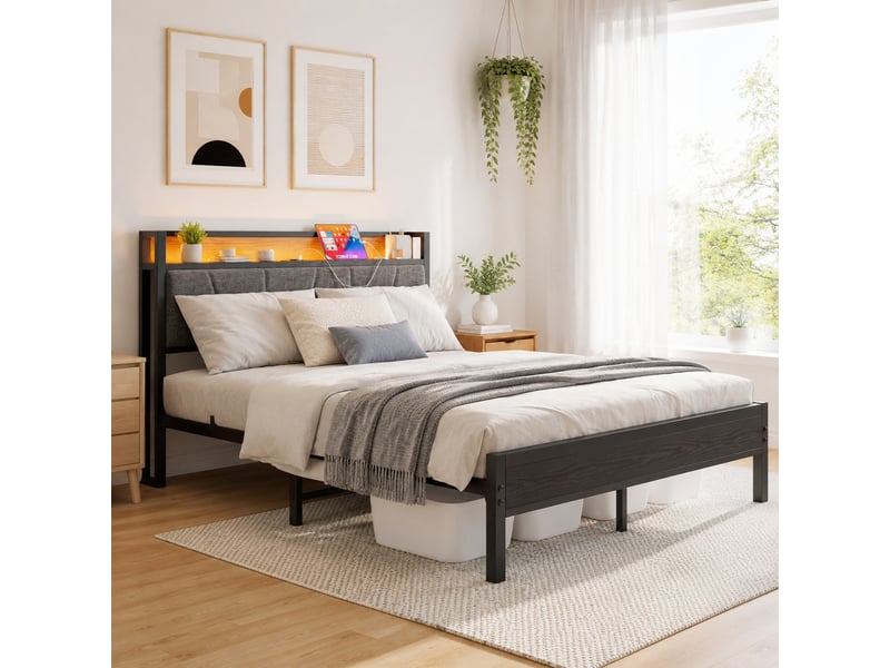  Lit double 140×200 cm avec led, usb et prise - okmyhome- tête de lit avec rangement, noir, sans matelas  - Conforama C