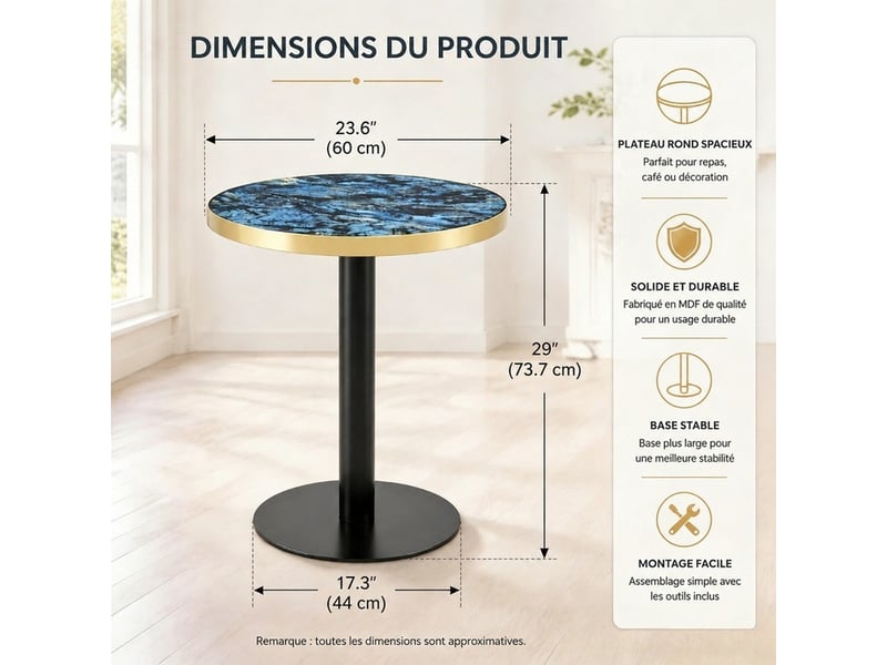  Table d’appoint ronde plateau effet marbre, bord doré - lpospi - pied central, mdf métal bleu, ø60 × 73,7 cm  - Conforama E