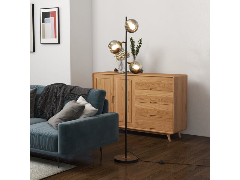  Lampadaire sur pied salon en métal avec 3 abat-jours globe métal chromé 40w ø 36 x 162h cm noir et gris  - Conforama C
