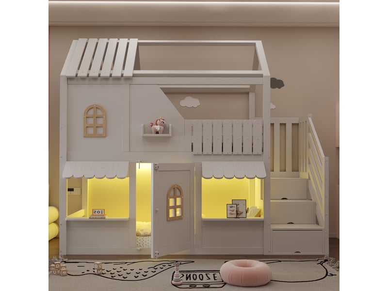 Lit superposé cabane 90x200 cm, lit enfant maison avec toit, led, échelle avec rangement et étagères, bois blanc Radiant Stride - Conforama B