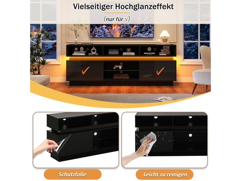  Meuble tv 160 cm noir brillant avec led app-contrôlée, plateau en verre trempé, pour écrans jusqu'à 60 pouces  - Conforama E