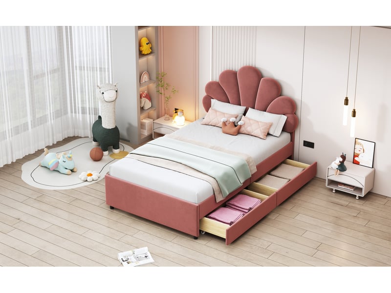  Lit avec rangement 90x200 cm, revêtement en velours, coloris rose, tiroirs intégrés, tête de lit rembourrée, tête de lit florale, cadre stable  - Conforama E