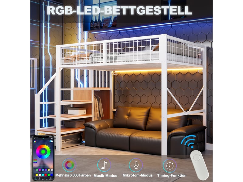  Lit mezzanine 140 x 200 cm pour enfant, échelle avec rangement, éclairage led et barrières de sécurité en grille, structure en métal, blanc evarich - Conforama D