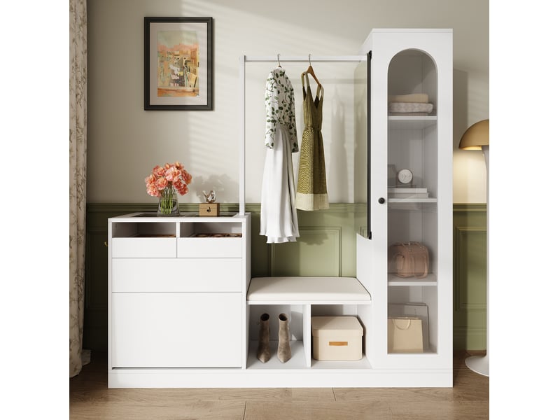  Meuble d'entrée avec miroir pivotant, vitrine led, banc et meuble à chaussures basculant, blanc, 163 × 50 × 161 cm  - Conforama C