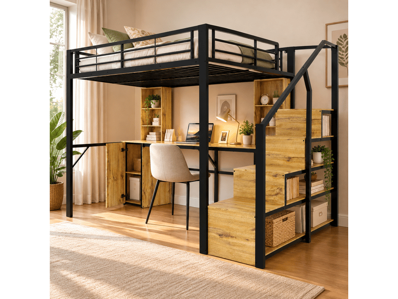 Lit mezzanine 140 x 200 cm avec bureau intégré, armoire, étagères, escalier de rangement et port usb, métal et bois - noir OMNIGLINT TRADING LTD - Conforama B