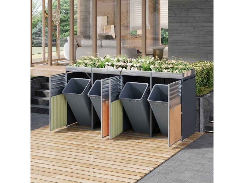  Placard à poubelles avec jardinière - quatre portes - verrouillable - ventilation optimale - acier galvanisé Gris , Bois - Conforama C