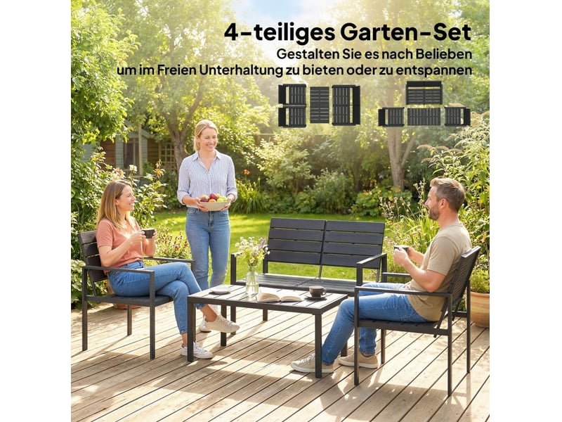 Salon de jardin 4 places 104x71 cm – noir – canapé 2 places, 2 fauteuils, table basse à lattes hdpe - Conforama D