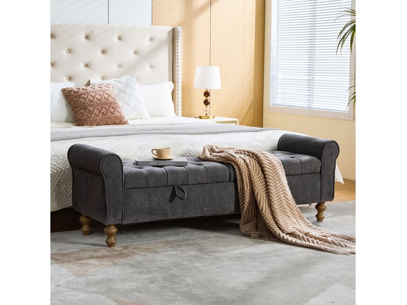  Banc coffre 2 couvercles, rangement intégré, design moderne, structure robuste, salon et chambre, tissu bouclé, gris  - Conforama D