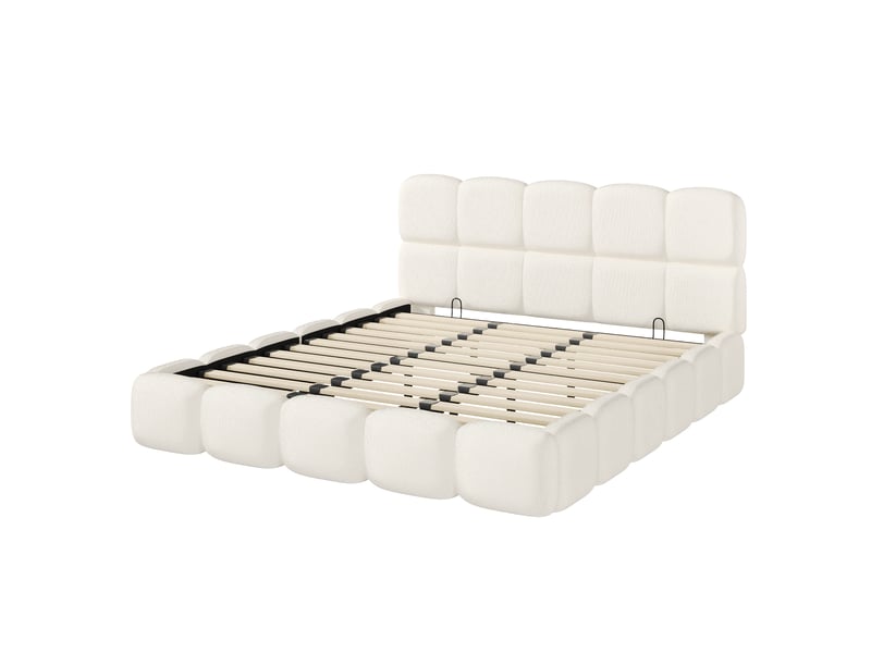  Lit coffre 200x200 cm, levage hydraulique, grand rangement, tête capitonnée, sommier à lattes, bouclette, blanc  - Conforama A