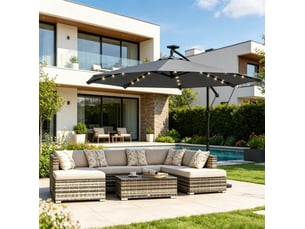 Parasol déporté de jardin avec éclairage led solaire, toile ronde ø 295 cm, gris foncé et noir