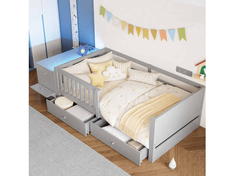  Lit mezzanine 90x200 cm avec rangement et éclairage led en métal, contreplaqué et mdf gris  - Conforama D