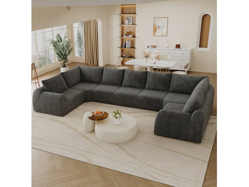  Canapé panoramique modenvie en u 7 places 411 x 200 x 85 cm, mousse haute élasticité, tissu chenille gris foncé  - Conforama E