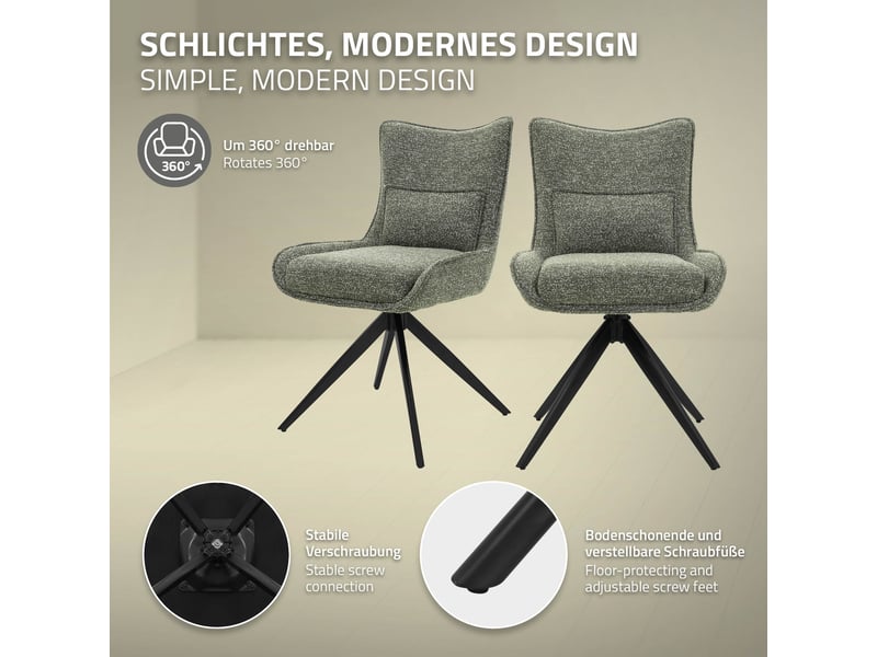 Ml-design chaise salle à manger pivotante à 360° en tissu bouclette vert, piètement étoile en acier robuste, coussin lombaire intégré, siège rembourré confortable pour salon et cuisine, max 120 kg - Conforama C