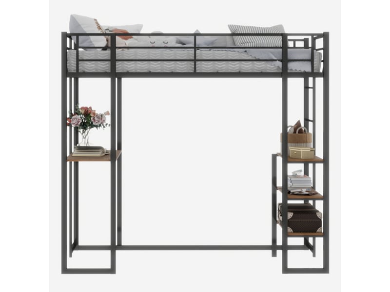  Lit mezzanine 90x190 cm, lit enfant avec bureau, étagères ouvertes, en métal noir, sans matelas  - Conforama D