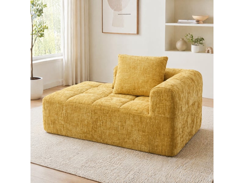 Méridienne à rebond rapide avec coussin et poches latérales, assise rembourrée en chenille jaune, 158 × 90 × 60 cm  - Conforama C