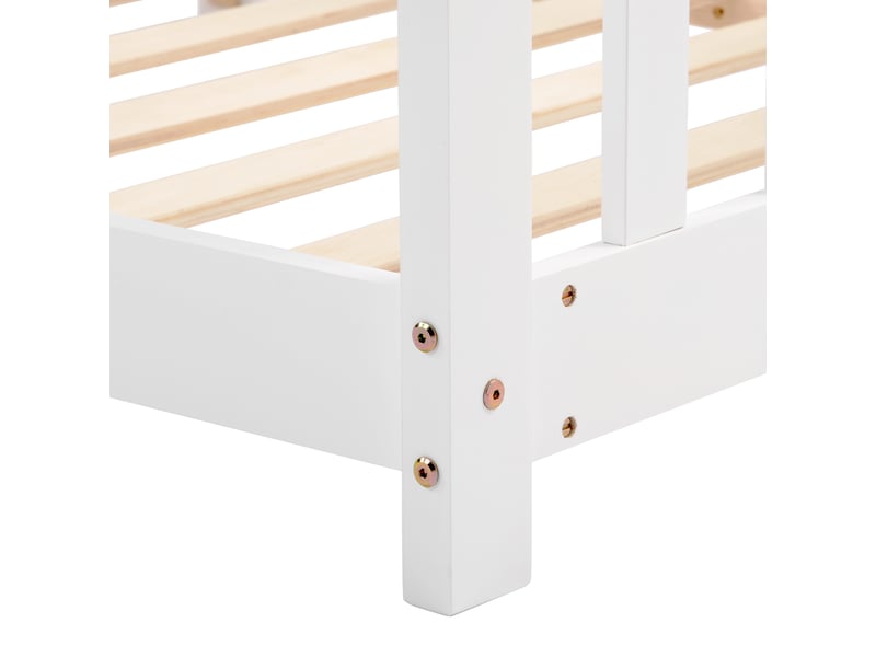  Lit enfant 90x200cm, lit 1 place, lit cabane avec barrière et sommier, lit maison, pin blanc, sans matelas  - Conforama E