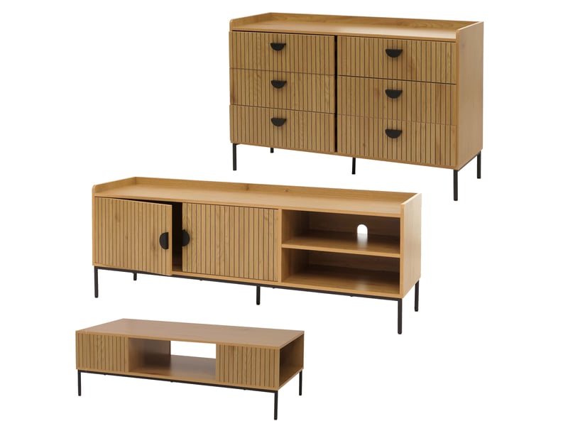  Ensemble de salon hwc-o39, meuble tv, commode, table basse, étagères et tiroirs, mdf mélaminé - naturel  - Conforama A
