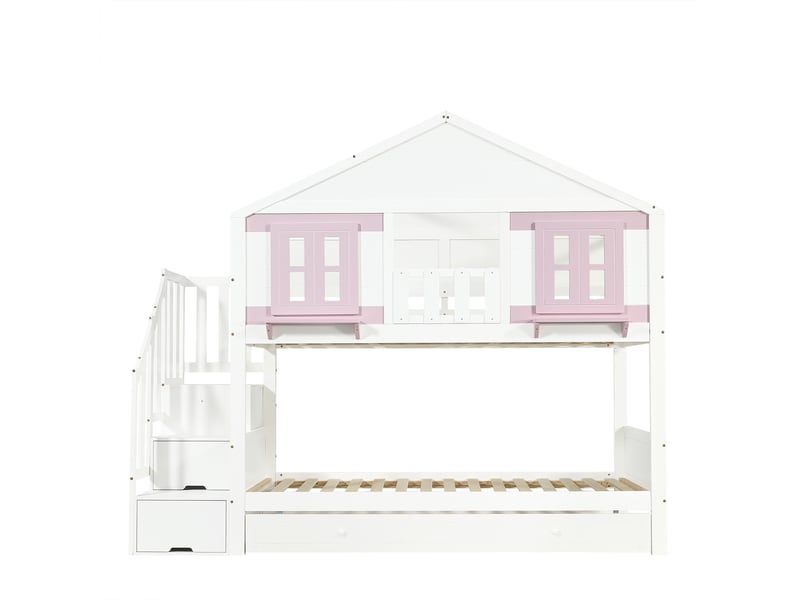  Lit superposé enfant 90x200 en bois avec rangement escalier,lit cabane,lit mezzanine simple,sans matelas,blanc+rose  - Conforama A