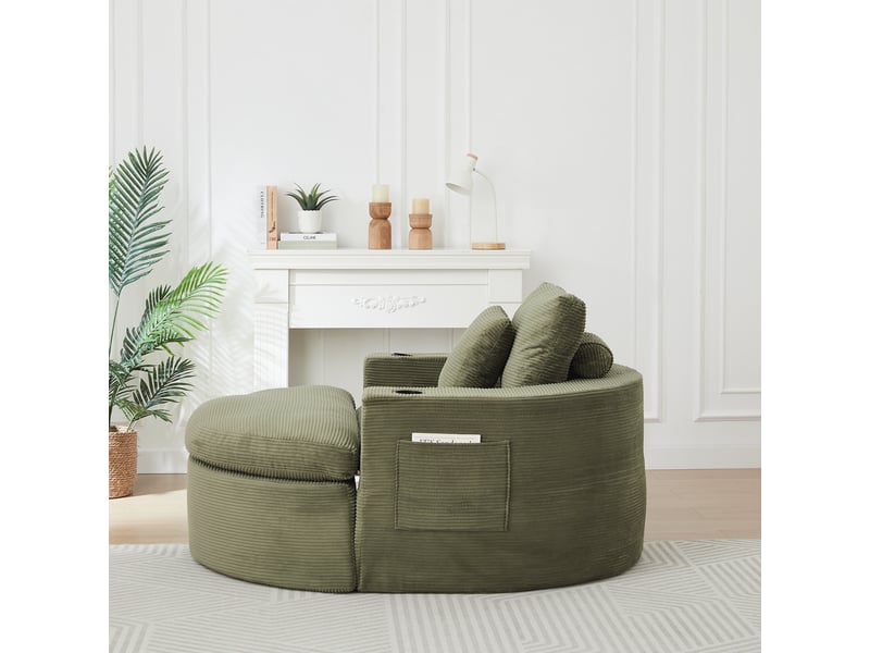  Fauteuil lounge rond avec repose-pieds - rangement, porte-gobelet et coussins - velours côtelé - vert CozyNest - Conforama E