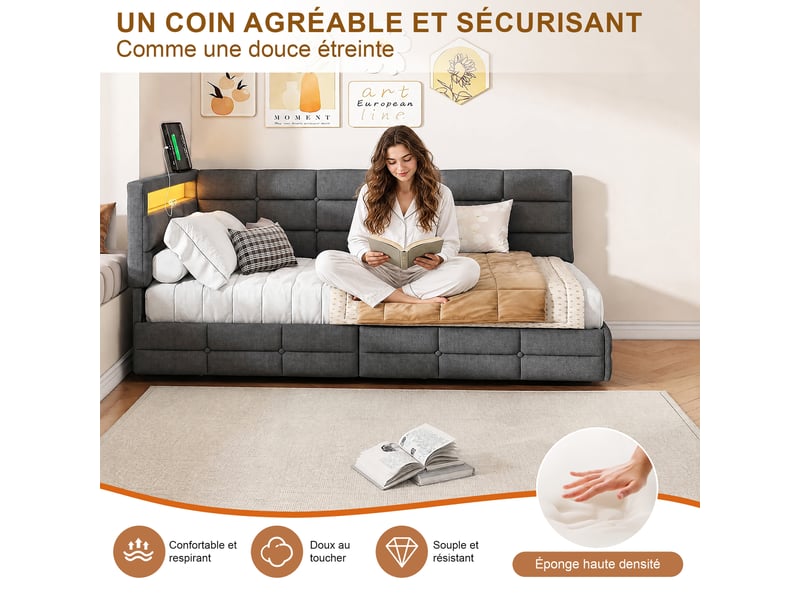 Kefsr lit double capitonné 140x190 cm, lit d'angle banquette avec 2 tiroirs, éclairage led, prises usbtype-c et sommier, tissu gris - Conforama E