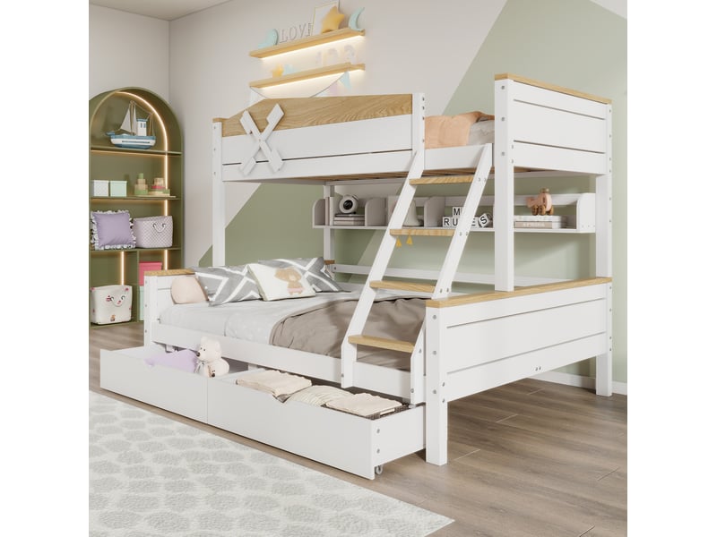  Lit superposé enfant 90x200 et 140x200 cm avec moulin à vent, blanc et naturel  - Conforama B