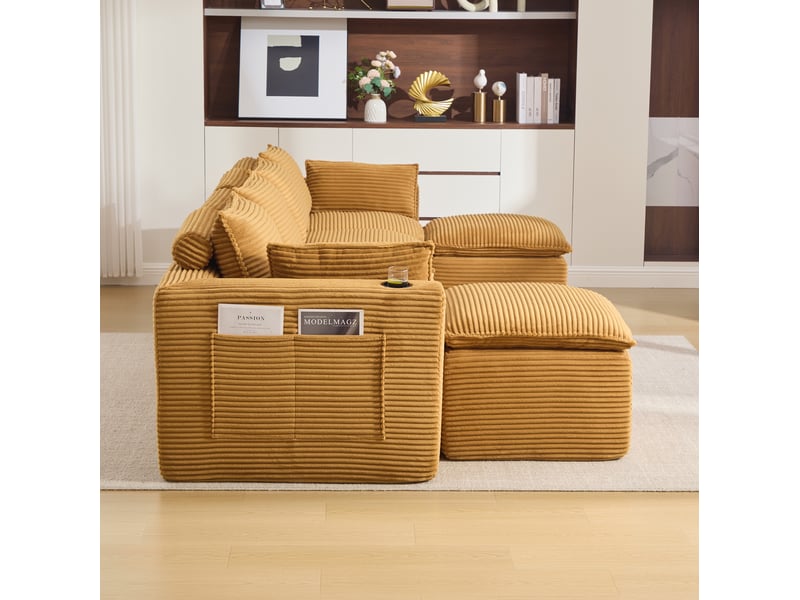Canapé modulable modenvie 4 places orange en velours côtelé avec 2 repose-pieds, coussins, porte-gobelets et poches latérales 322 x 161 x 75 cm - Conforama D
