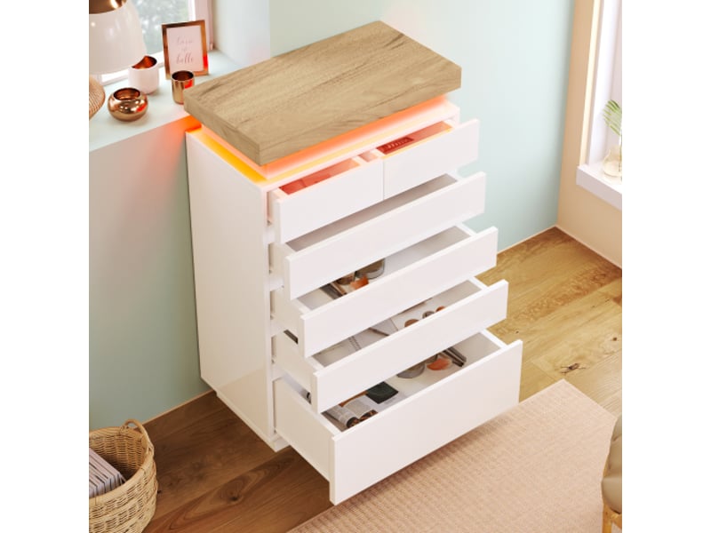  Commode haut blanc brillant 6 tiroirs, led, contrôle par app, meuble polyvalent salonchambre, 115x73x39 cm  - Conforama D