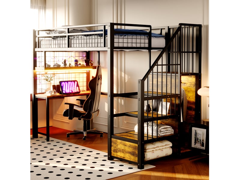  Lit mezzanine 90x200 cm avec bureau, éclairage et prise, métal noir sans matelas  - Conforama B