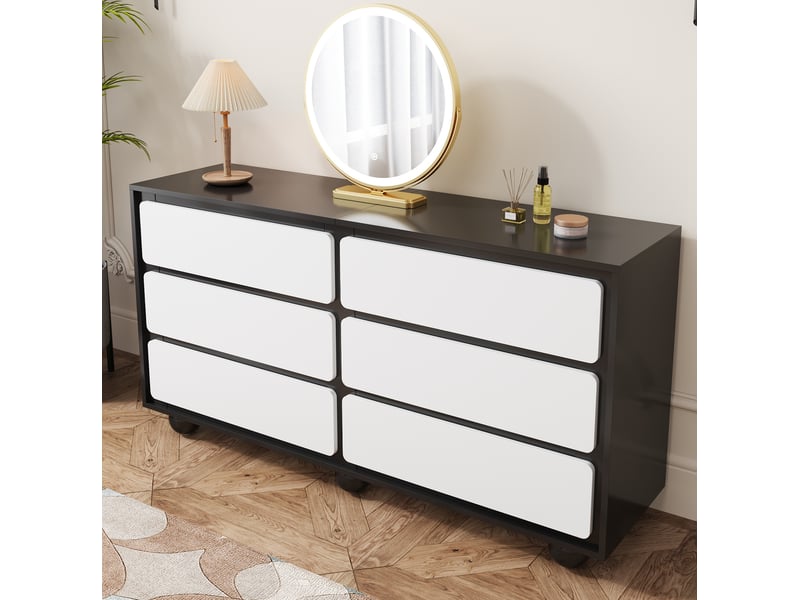  Commode 140x38x74,5 cm avec 6 tiroirs, pieds en métal, buffet,en mdf, style moderne, blanc et noir, angles arrondis  - Conforama D