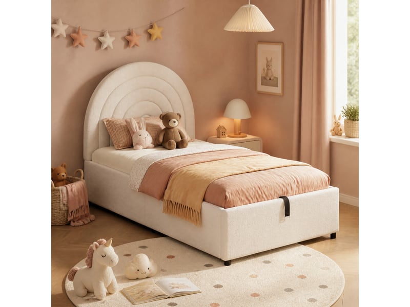  Lit coffre 90x200 cm avec sommier à lattes et tête de lit, bouclé beige  - Conforama C