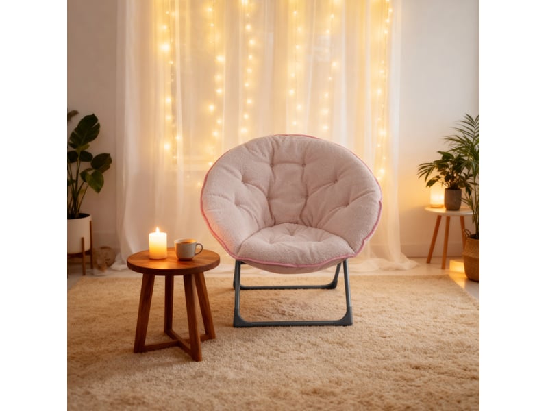  Fauteuil pouf pliable type lune avec assise rembourrée et patins de protection, en tissu et métal rose  - Conforama B