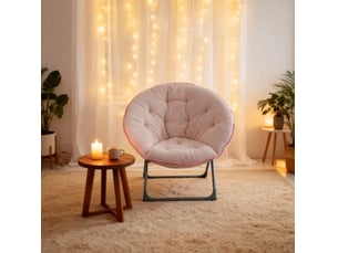 Fauteuil pouf pliable type lune avec assise rembourrée et patins de protection, en tissu et métal rose