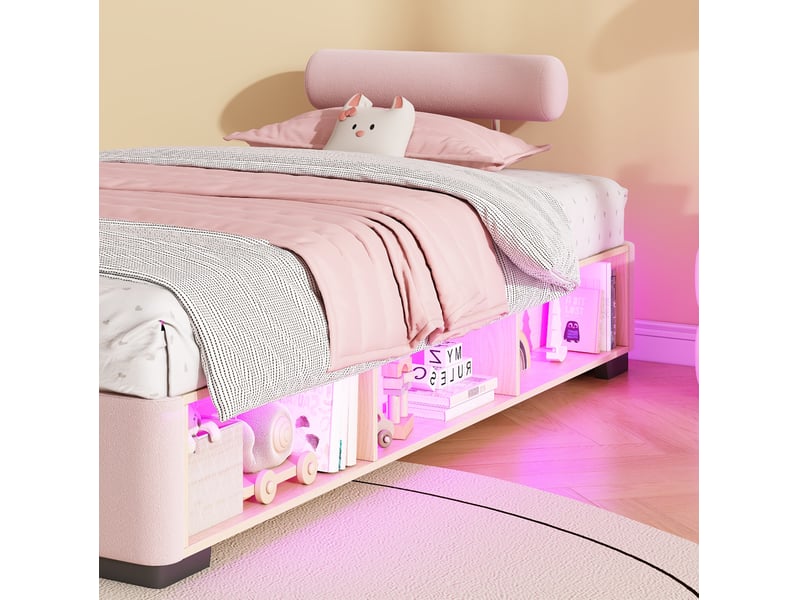  Lit enfant 90x200 cm, couchage bas, rangements latéraux led, appuis-tête modulables, velours rose sans matelas  - Conforama D