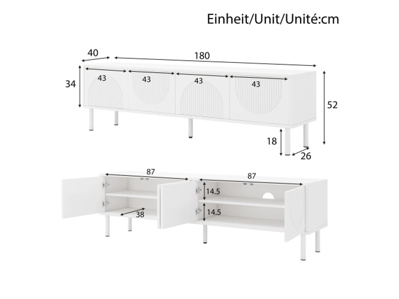 Meuble tv 180 cm gl7512w – rangement et gestion des câbles, fini mat, design minimaliste – salon, chambre et entrée  - Conforama C