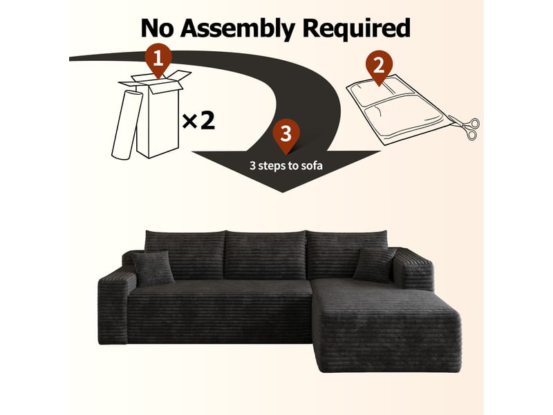  Canapé d'angle compressé 241x151x58 cm, assise profonde, velours côtelé, sans montage, mousse haute élasticité pour salon - noir  - Conforama E
