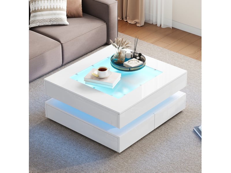  Table basse 3 tiroirs et led réglable par application, plateau en verre, carrée pour salon, blanche, 70 × 70 × 35 cm  - Conforama C