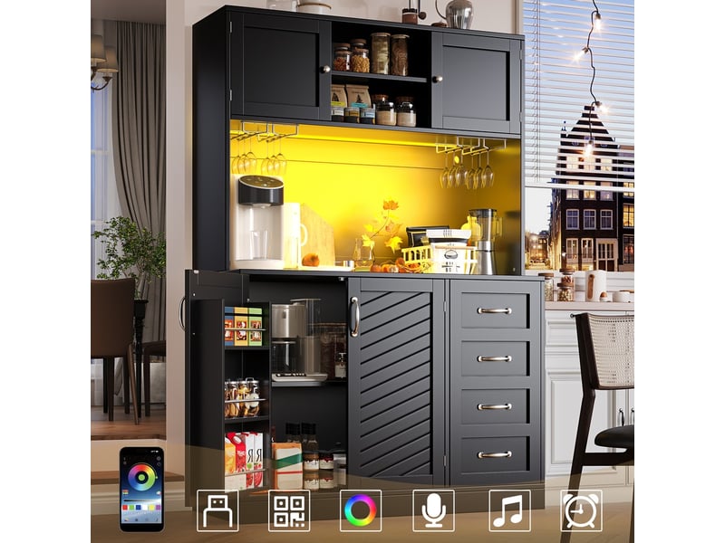  Buffet armoire de rangement 120x40x188cm avec éclairage led, étagère à collations, porte-gobelets, 4 portes et 2 tiroirs, noir  - Conforama B