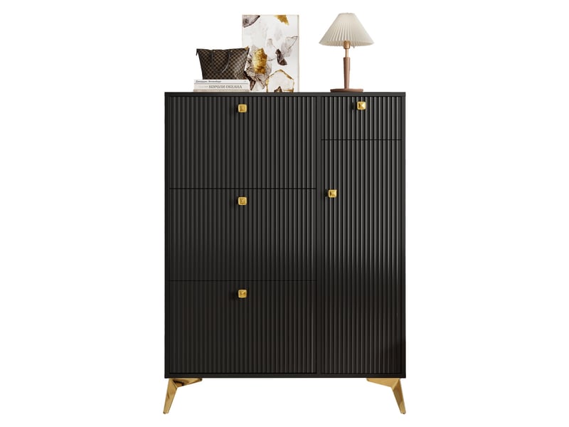  Meuble à chaussures 90 x 25 x 121 cm – 3 tiroir à couvercle rabattable, 1 tiroirs coulissants et 1 porte d'armoire - mdf - noir  - Conforama C