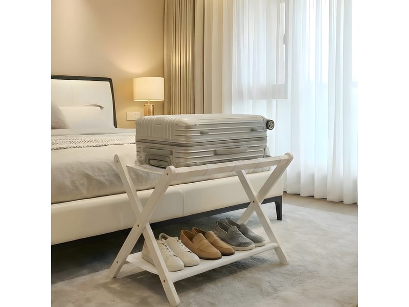  Porte-bagages pliant de luxe en bambou avec étagère, sangles nylon résistantes, charge 50 kg – chambre d'amis, salon, hôtel-blanc PHK_37RDXAKT - Conforama B