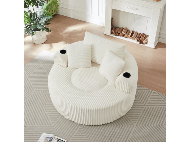  Canapé droit, canapé lounge rond en velours côtelé, avec 3 coussins, 2 porte-gobelets, pour salon ou chambre, 63 x 142 x 142 cm, beige  - Conforama D