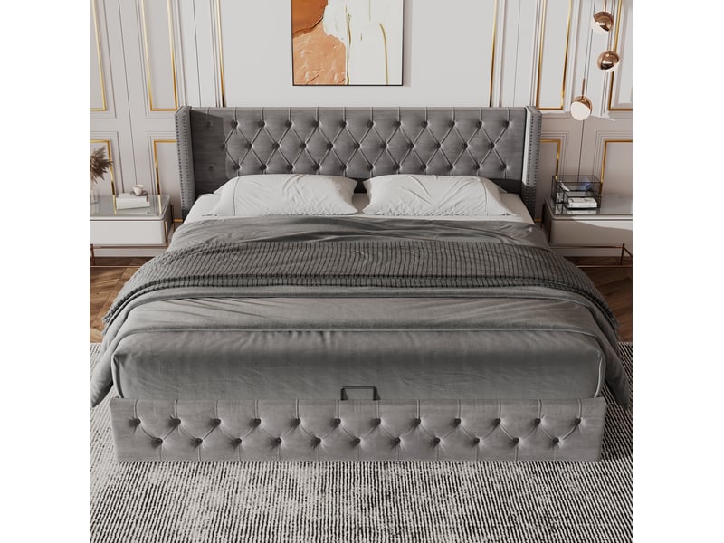  Lit coffre 140x190 avec ouverture hydraulique, tête de lit à rivets et rangement intégré, gris, sans matelas  - Conforama B