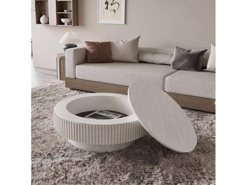  Table basse ronde 75x75x35 cm avec rangement caché blanc rétro  - Conforama B