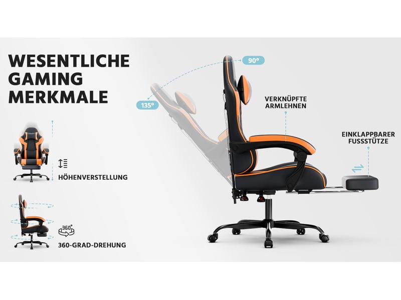  Fauteuil gaming ergonomique,58.5x63x120.5 cm,réglable,pvc,noir et orange  - Conforama D