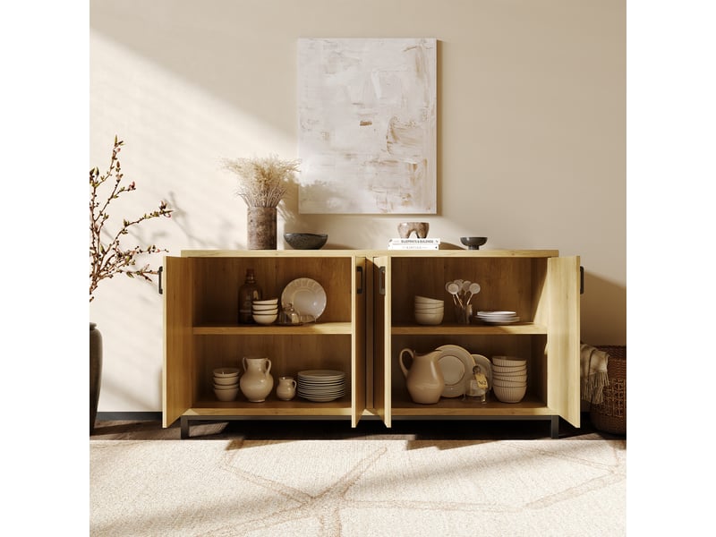  Buffet 160x35x80 cm - meuble de rangement style industriel &amp; scandinave, 4 portes, étagères - naturel  - Conforama C