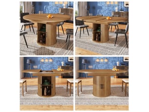 Table de cuisine 118x76, design rétro noyer table à manger, plateau extensible, rangement intégré, pieds réglables