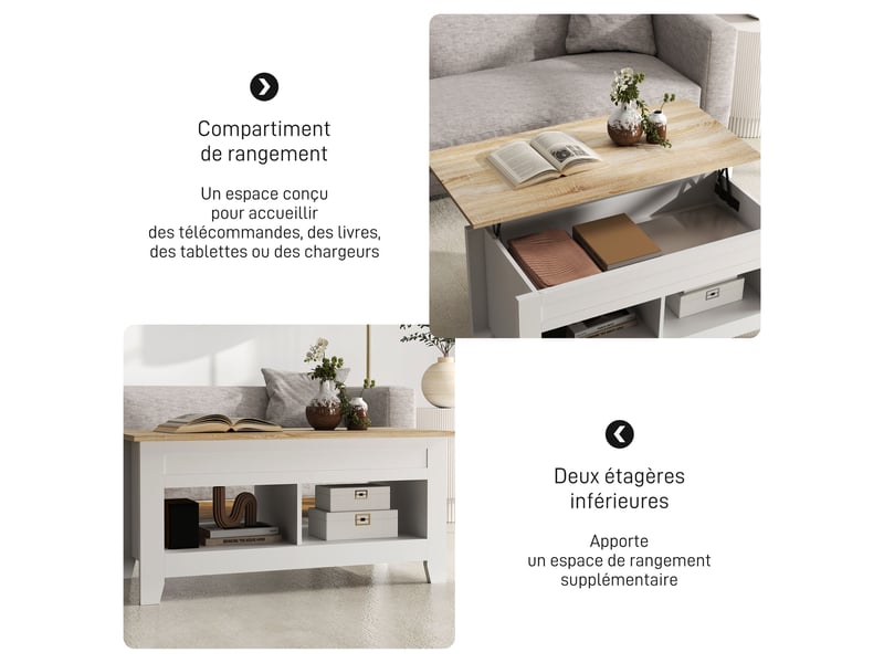  Table basse plateau relevable, table de salon avec étagères et compartiment caché,blanc 105 x 50 x 49-62,5 cm  - Conforama E
