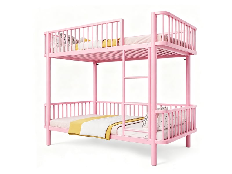  Lit superposé métallique 90x200 cm coins arrondis pieds surélevés barrière de sécurité gain de place noir rose  - Conforama A