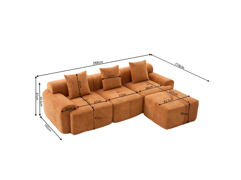 Canapé d'angle modulable 3 places orange en velours côtelé 268 x 174 x 81 cm - Conforama E