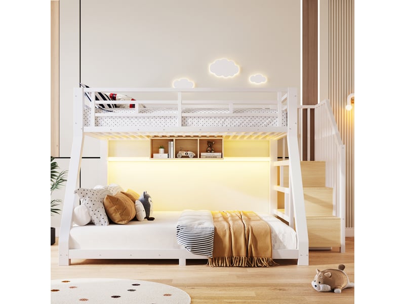  Lit superposé 90x200140x200 cm avec led et 3 rangements, lit en métal avec escalier de rangement, garde-corps et certification en747, blanc OPULERANE TRADING LTD - Conforama E