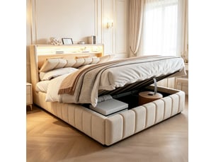 Lit avec rangement 140x200 cm <strong>MODENVIE</strong> <strong></strong> coloris beige